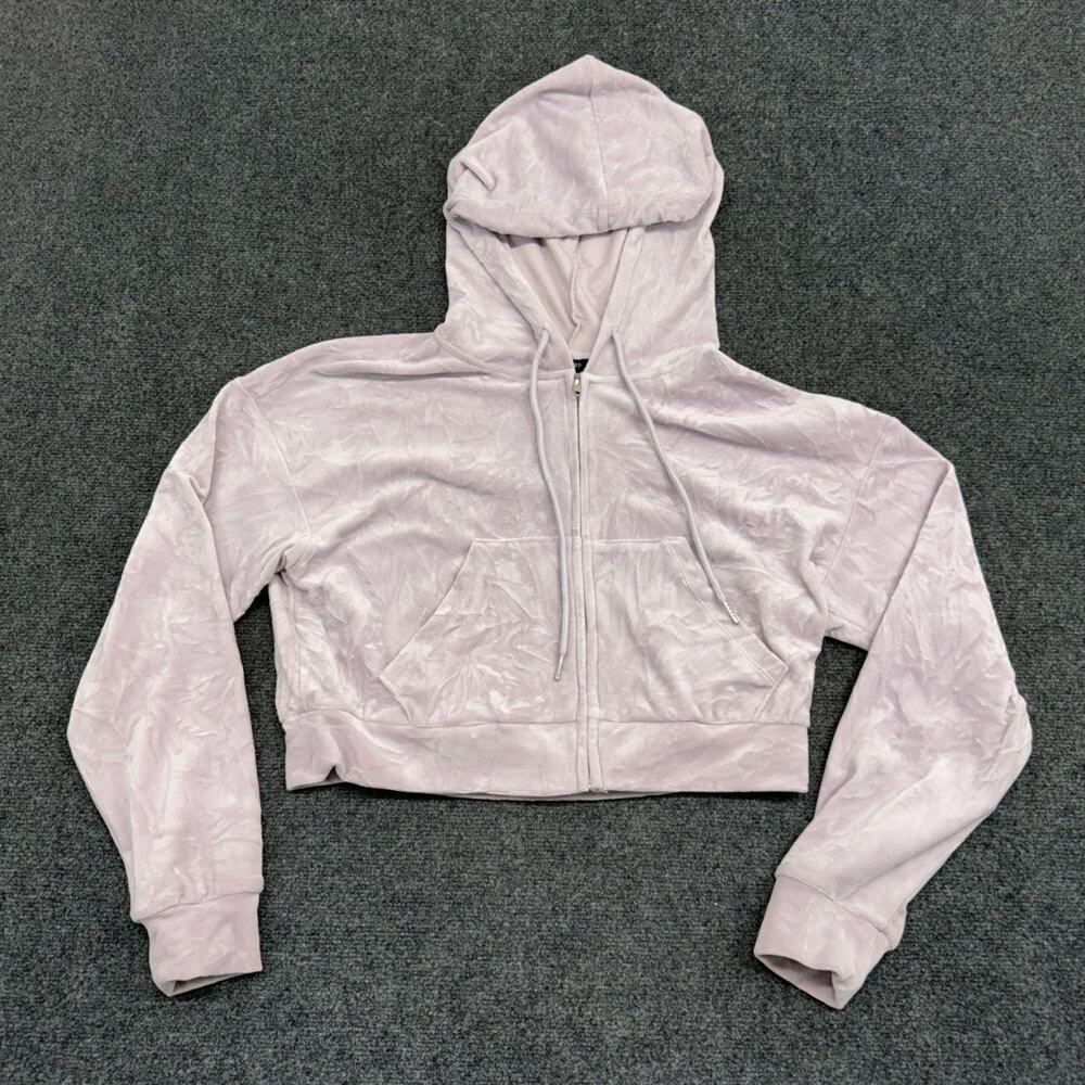Forever 21 Hoodie Womens Medium Pink Velour Cropped Full Zip Sports Sweatshirt